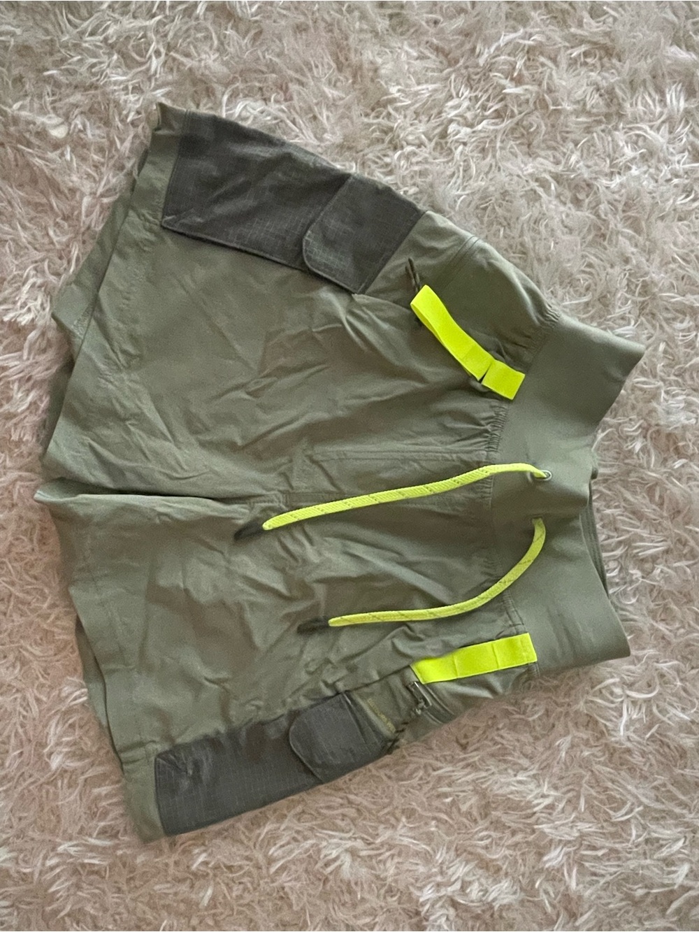 Lululemon Olive Green Utility Shorts with Neon Accents